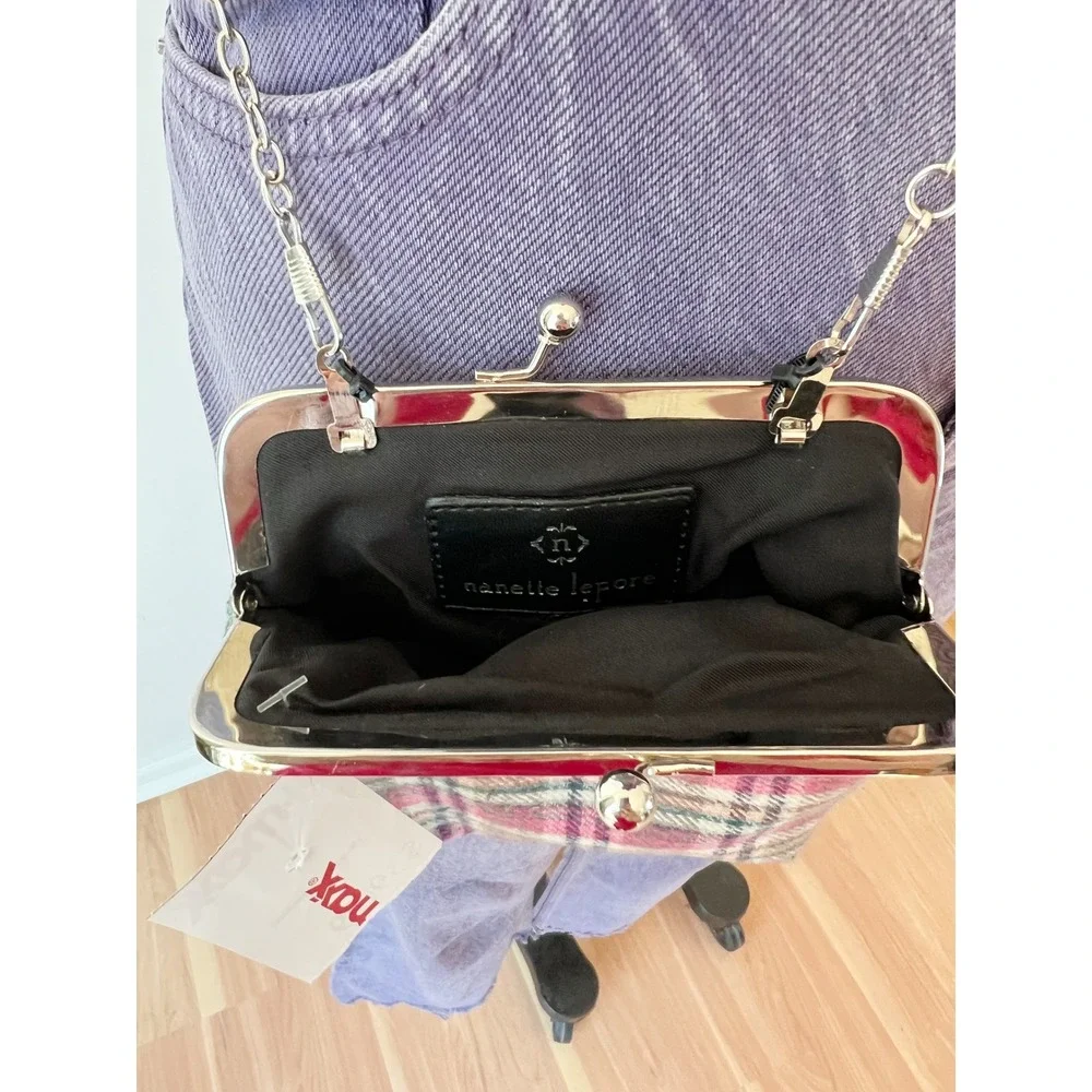 Nanette Lepore Crossbody Bag Pink Plaid Kiss Lock‎ Silver Chain Strap Small